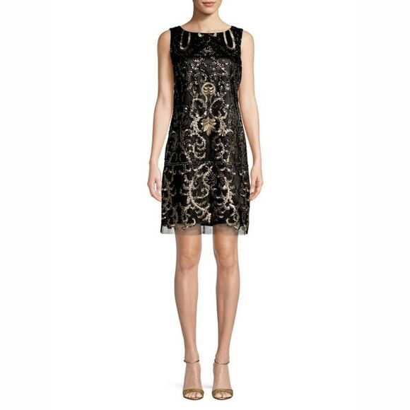 New! VINCE CAMUTO Women's Sequin Embroidered Shift Dress Size 12 Black Gold - Picture 3 of 6